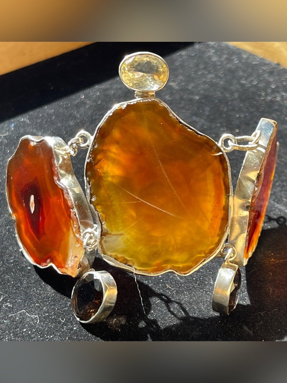 Golden Agate Slab Bracelet Sterling Smoky Topaz Citrine Faceted Gems